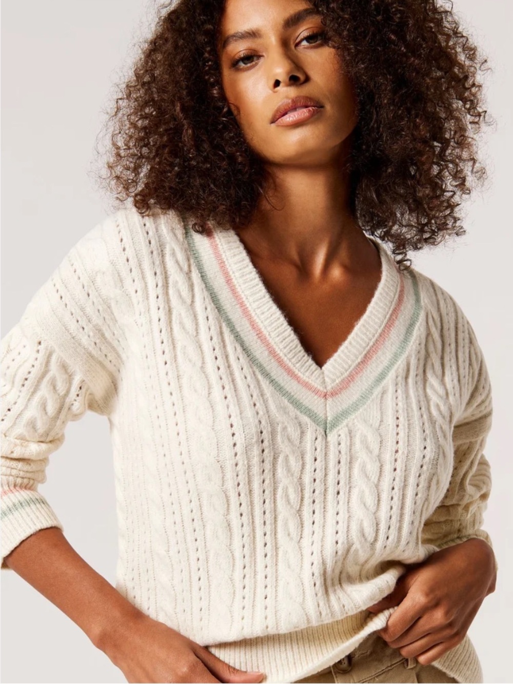APRICOT Cream Cable Knit V-Neck Varsity Sweater with Pink and Mint Trim